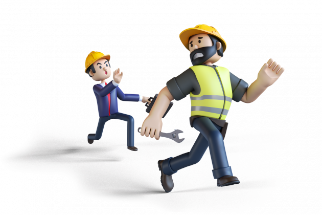 Image of illustrated figure with a briefcase chasing a construction worker