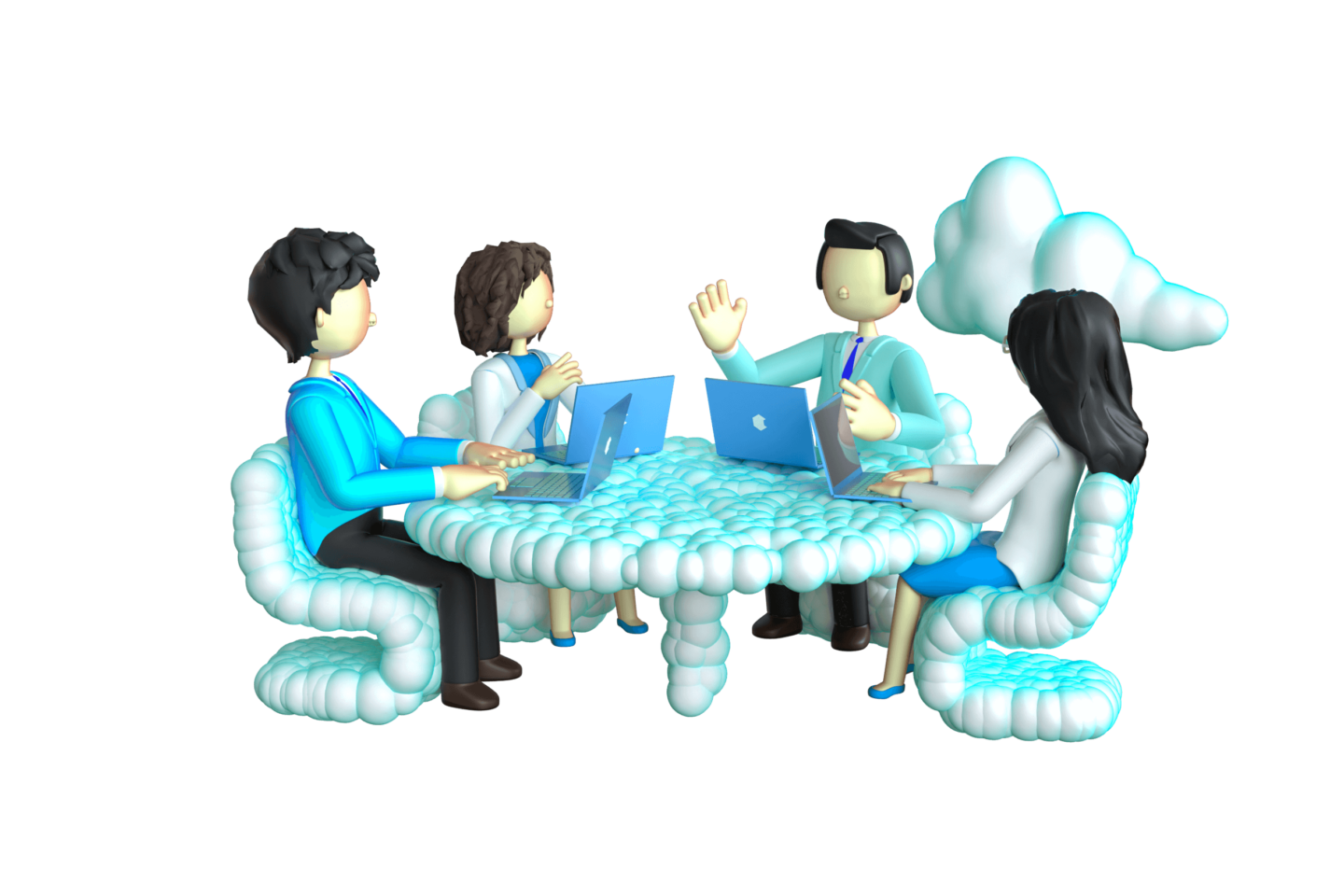 3d image of people sitting at a table with laptops