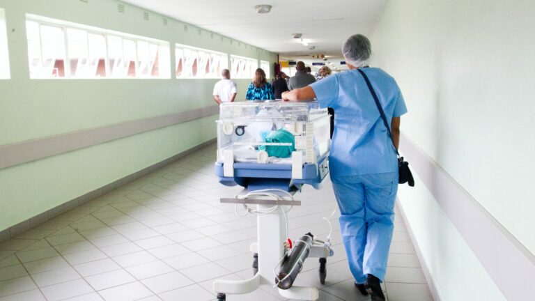 Nurse walking down corridor with incubator, seen from behind